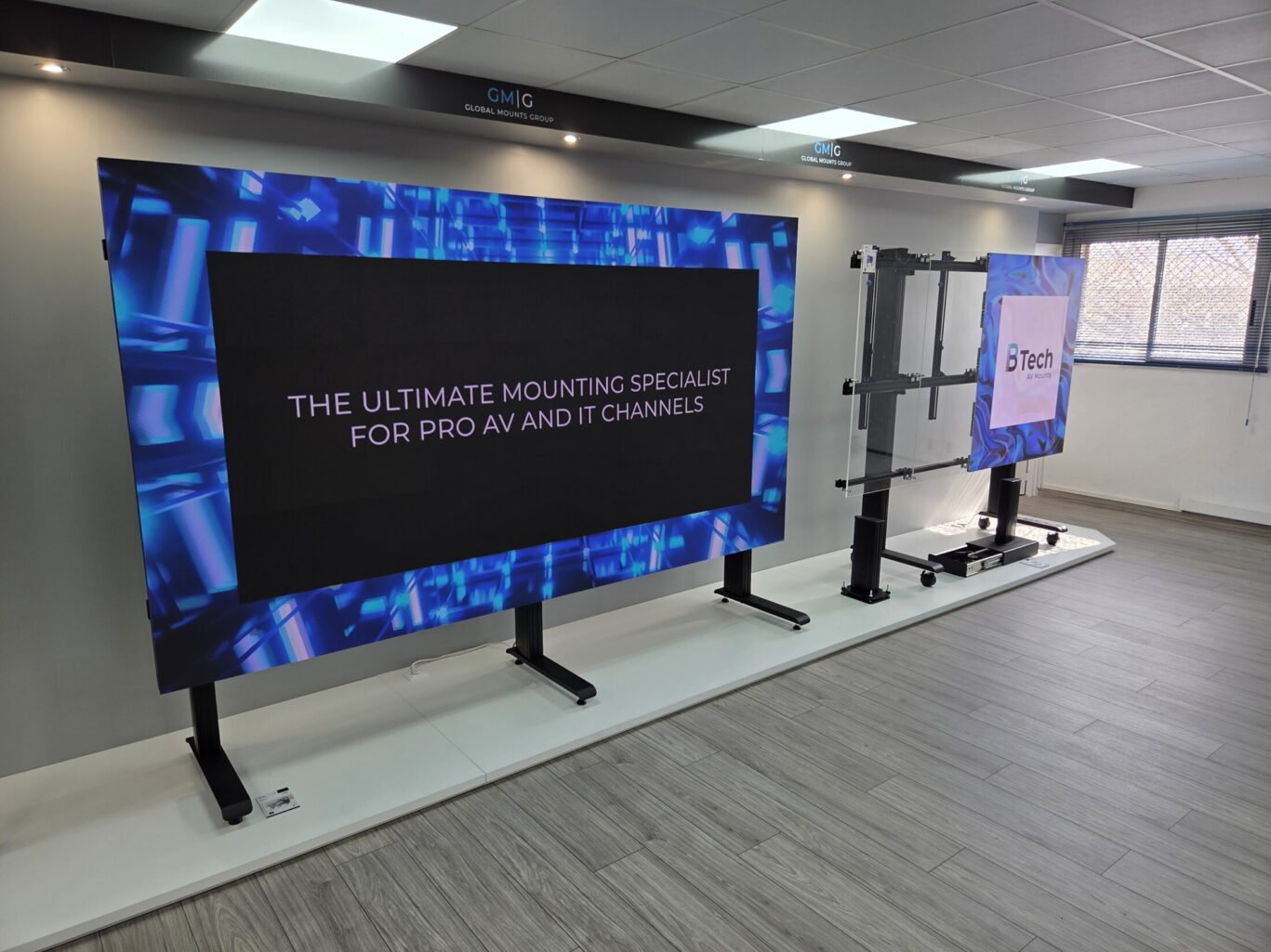 B-Tech Iberia product showroom featuring AV mounting solutions, digital signage displays and collaboration systems.