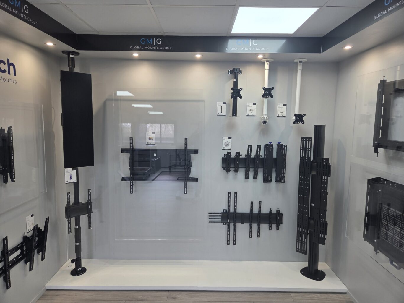 B-Tech Iberia product showroom featuring AV mounting solutions, digital signage displays and collaboration systems.