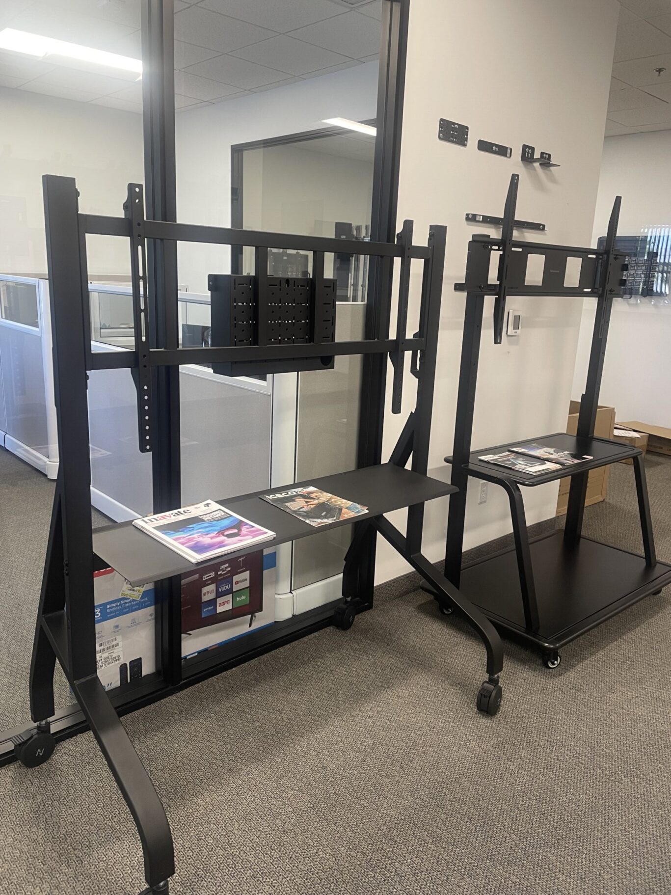 B-Tech North America product showroom featuring AV mounting solutions, digital signage displays and collaboration systems.