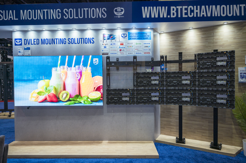 An Image of a B-Tech AV Mounts Wall mounted dvLED Mount connected to a curved boltdown dvLED solution.