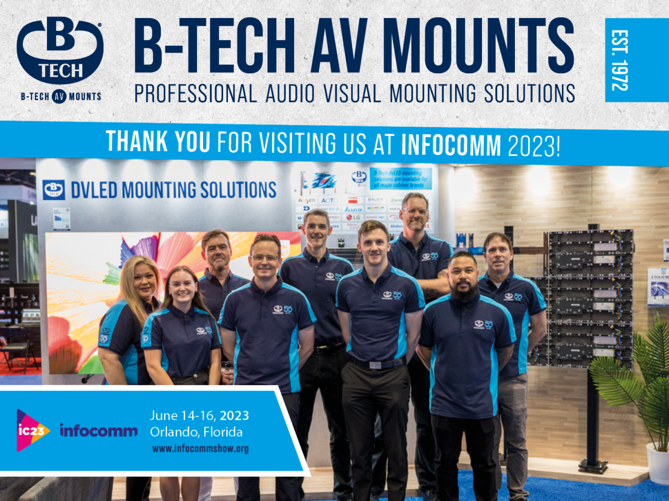 A group photo of the B-Tech AV Mounts Team at InfoComm-2023