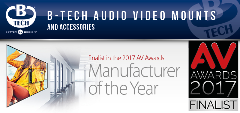 A banner announcing that B-Tech was made a finalist for manuafacturer of the year at the 2017 av awards.