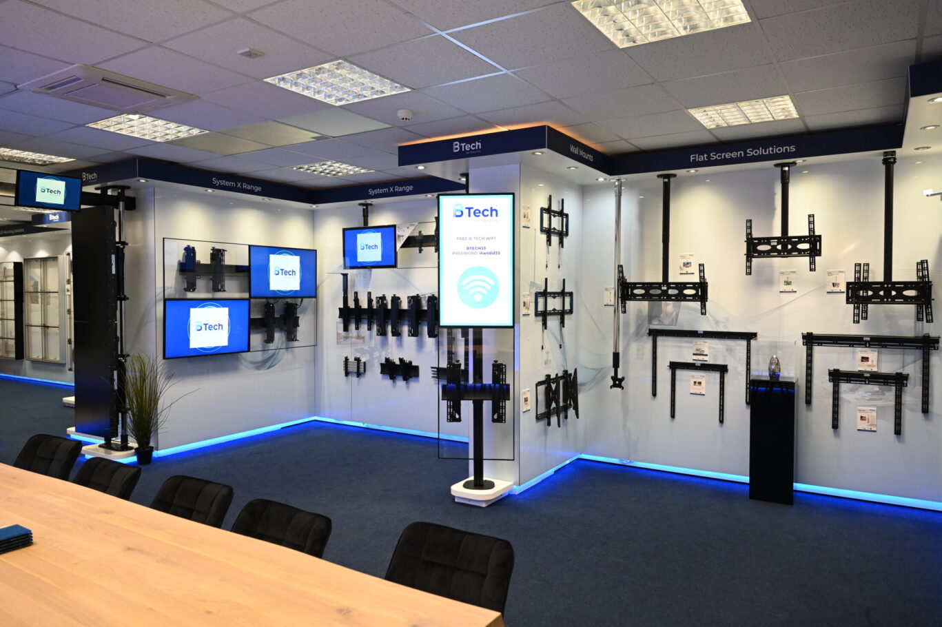 BTUK product showroom featuring AV mounting solutions, digital signage displays and collaboration systems.