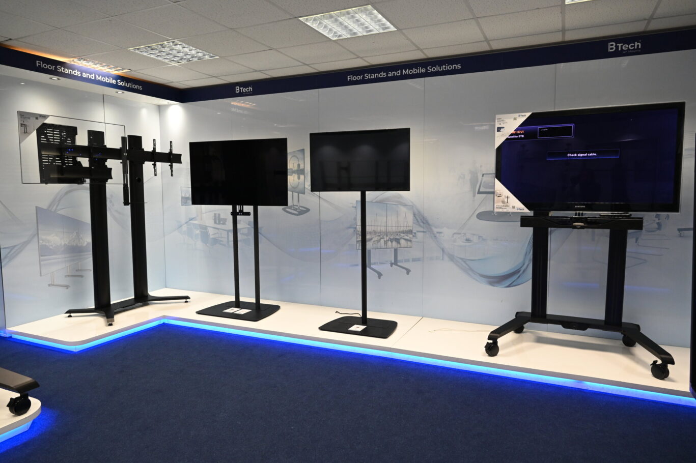 BTUK product showroom featuring AV mounting solutions, digital signage displays and collaboration systems.