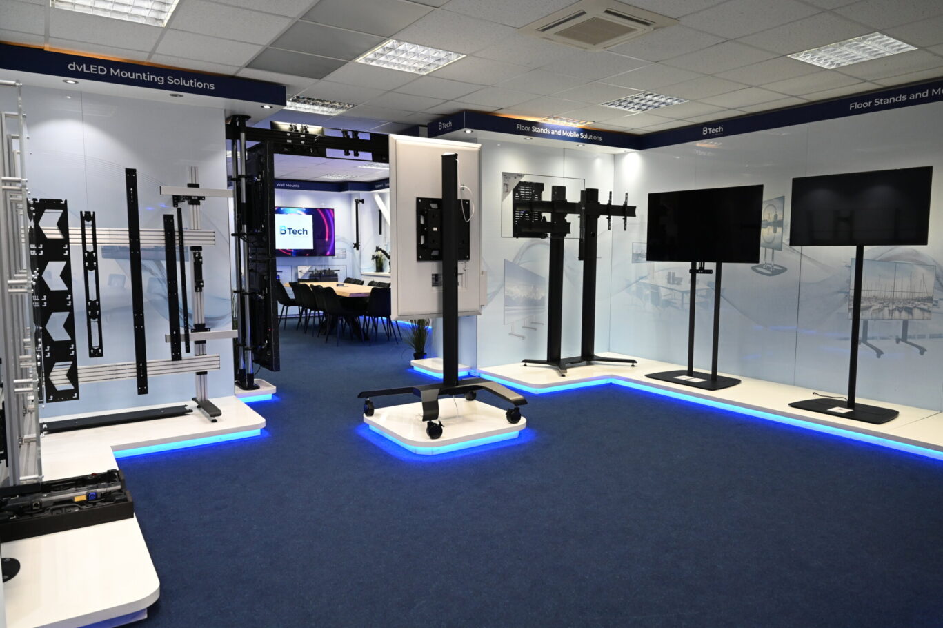 BTUK product showroom featuring AV mounting solutions, digital signage displays and collaboration systems.