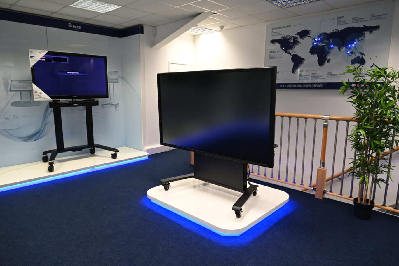 BTUK product showroom featuring AV mounting solutions, digital signage displays and collaboration systems.