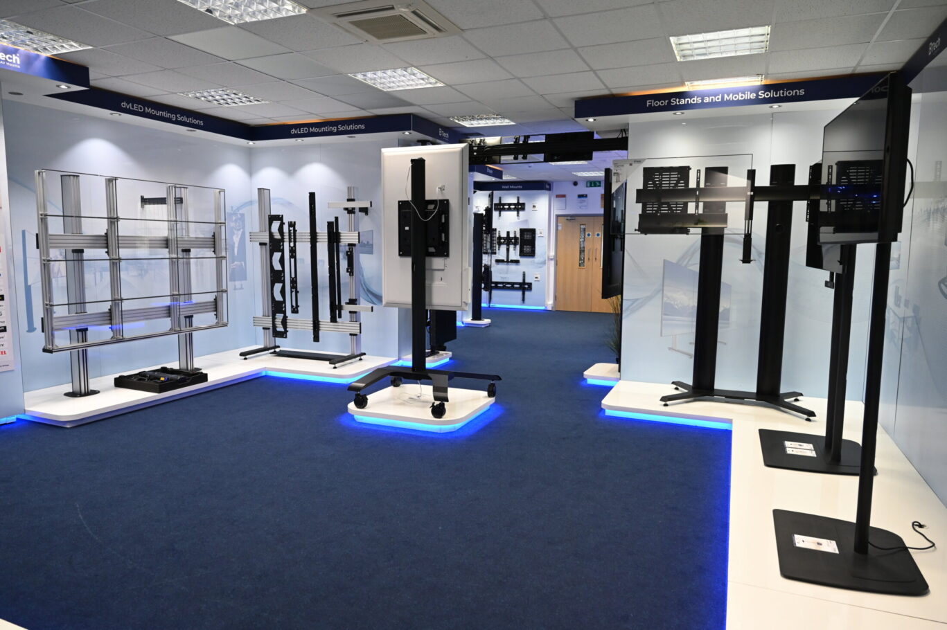 BTUK product showroom featuring AV mounting solutions, digital signage displays and collaboration systems.