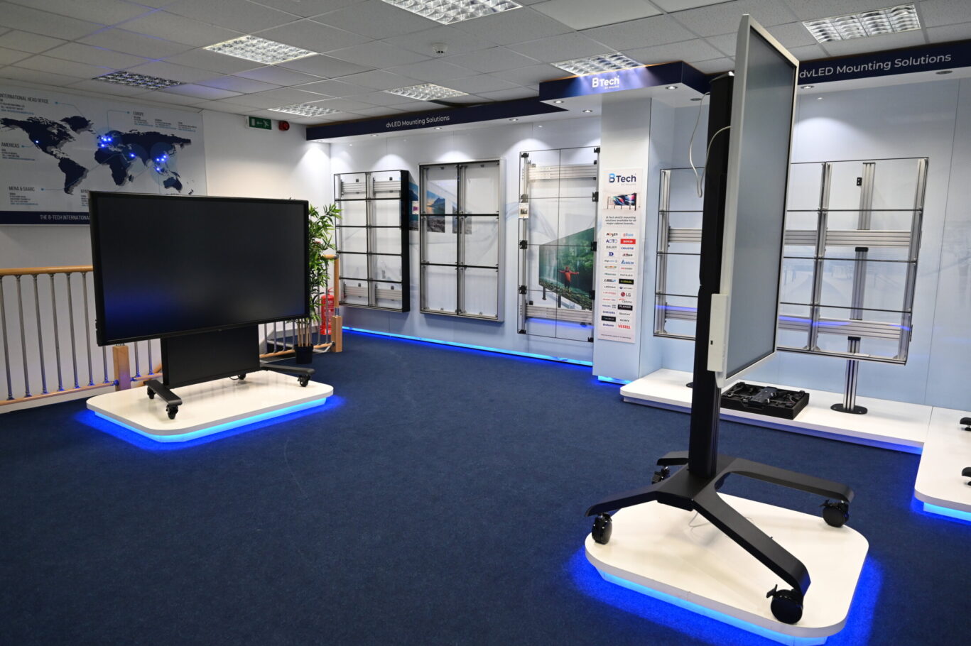 BTUK product showroom featuring AV mounting solutions, digital signage displays and collaboration systems.