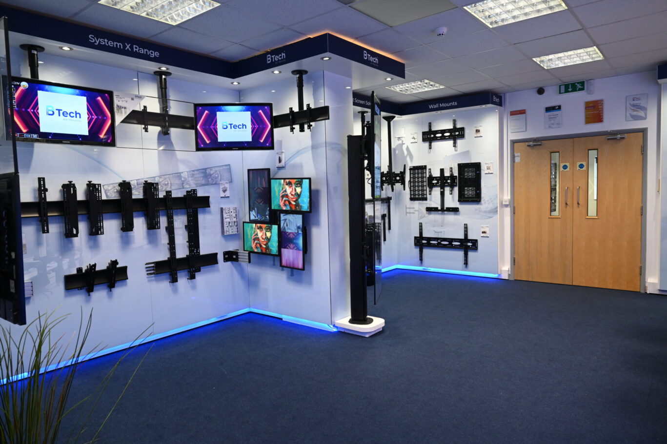 BTUK product showroom featuring AV mounting solutions, digital signage displays and collaboration systems.