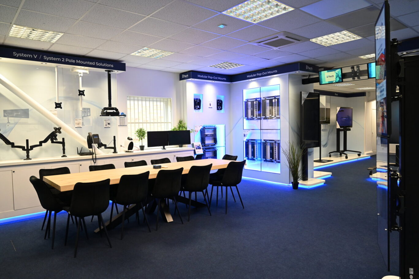 BTUK product showroom featuring AV mounting solutions, digital signage displays and collaboration systems.