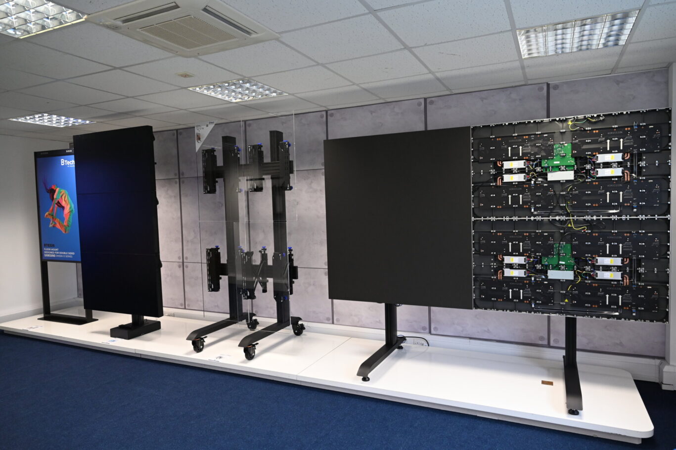 BTUK product showroom featuring AV mounting solutions, digital signage displays and collaboration systems.