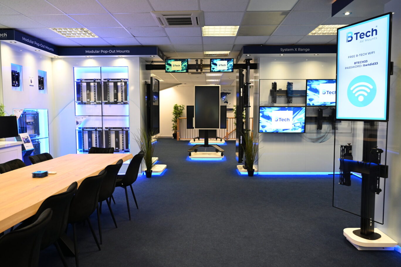 BTUK product showroom featuring AV mounting solutions, digital signage displays and collaboration systems.
