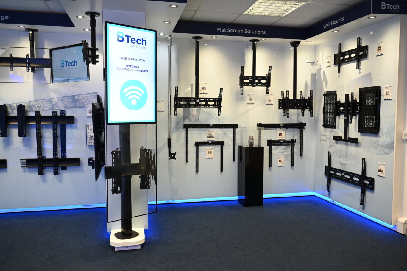 BTUK product showroom featuring AV mounting solutions, digital signage displays and collaboration systems.