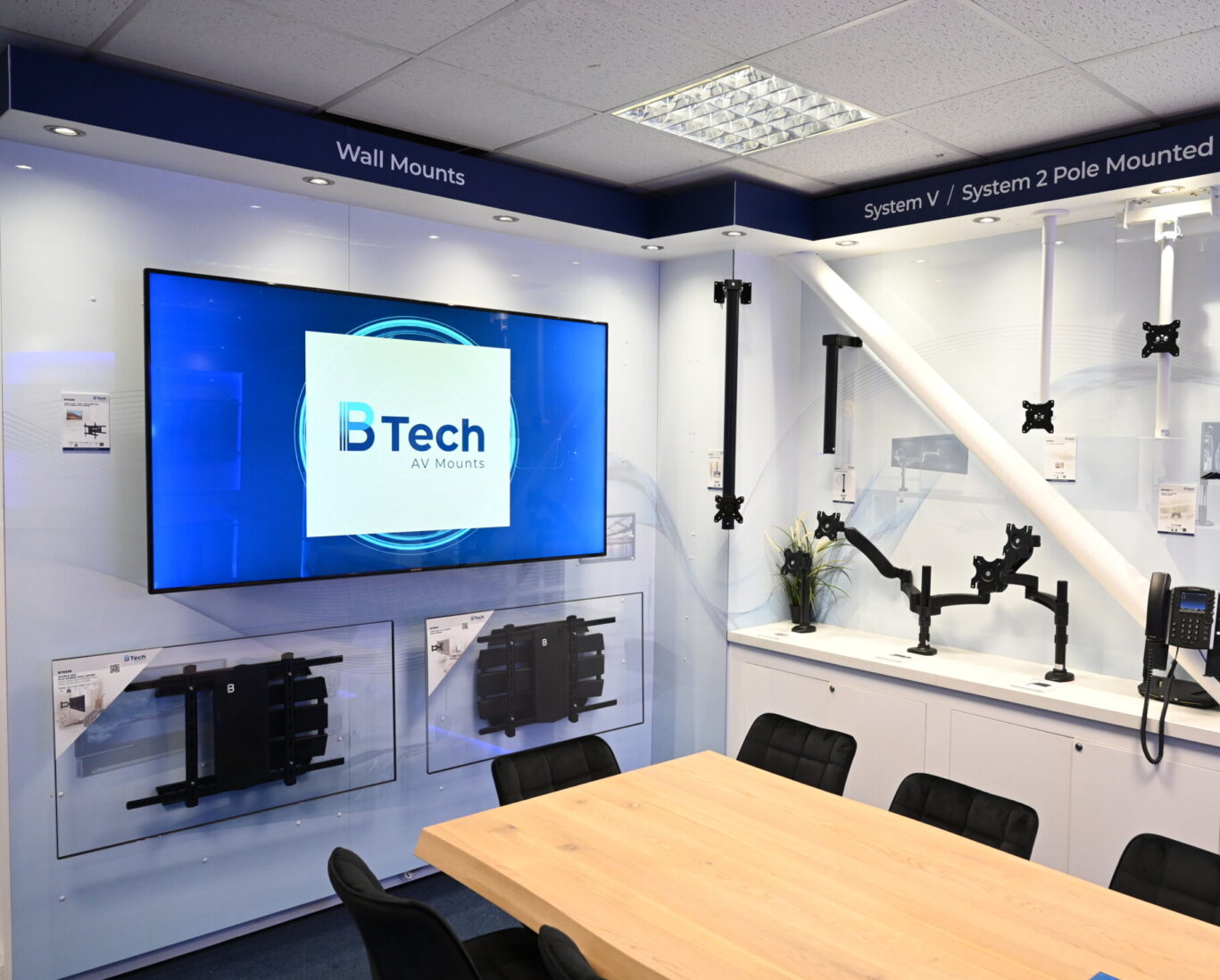 BTUK product showroom featuring AV mounting solutions, digital signage displays and collaboration systems.