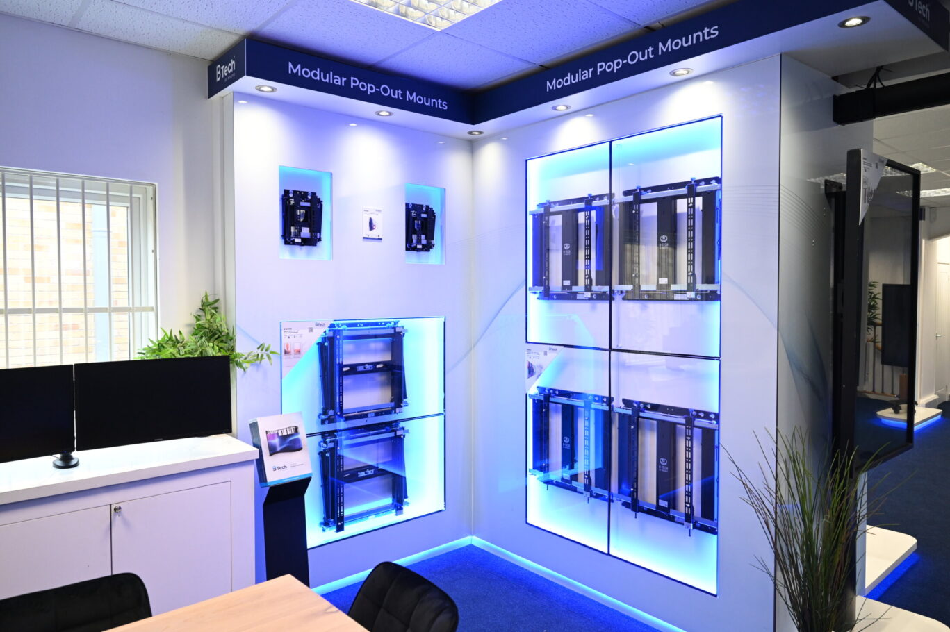BTUK product showroom featuring AV mounting solutions, digital signage displays and collaboration systems.