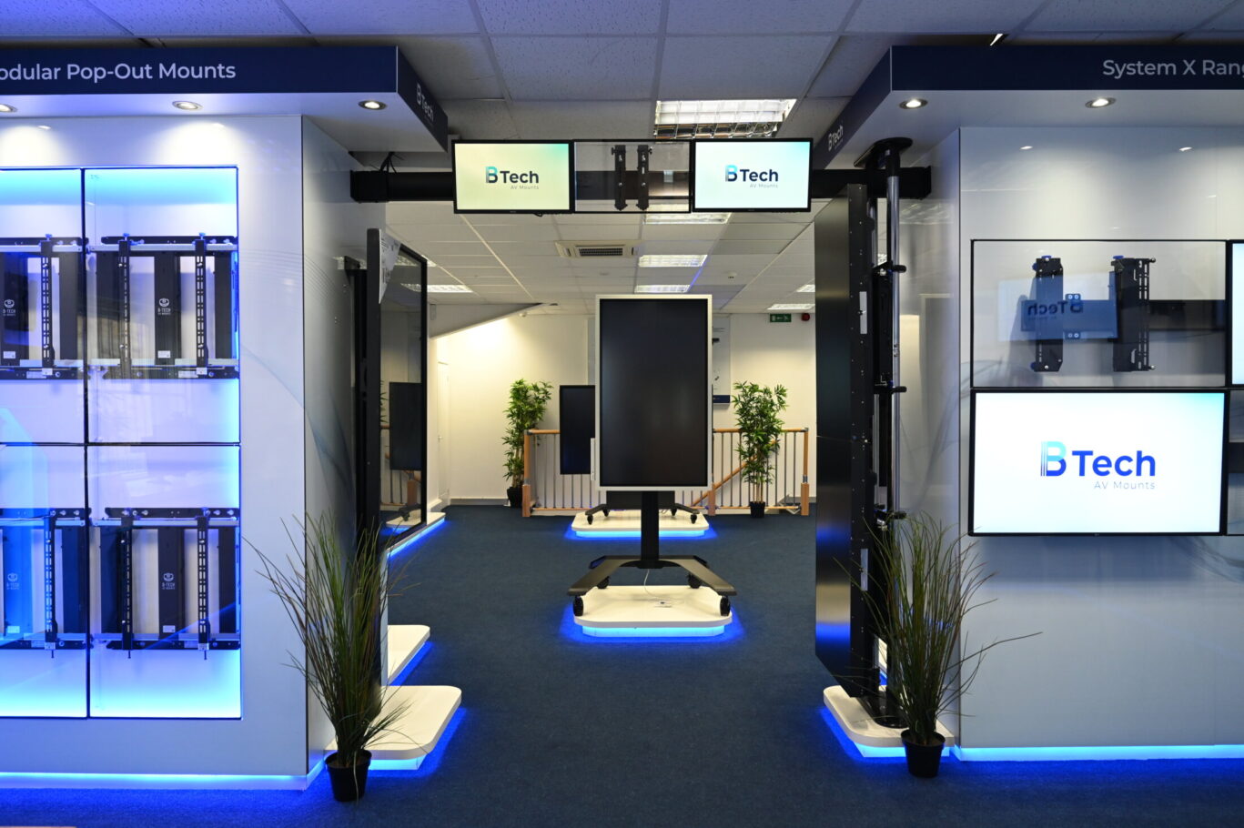 BTUK product showroom featuring AV mounting solutions, digital signage displays and collaboration systems.