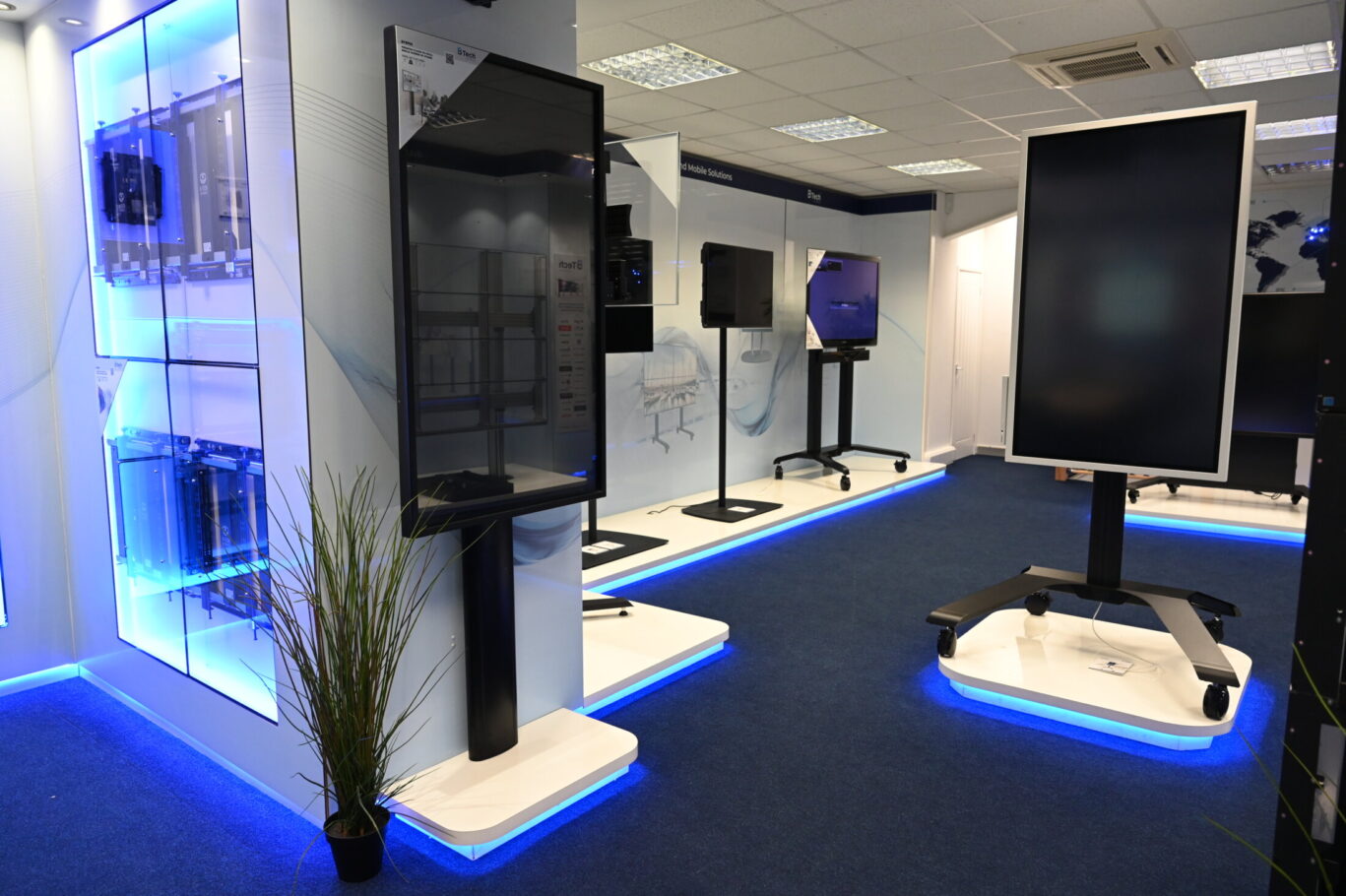 BTUK product showroom featuring AV mounting solutions, digital signage displays and collaboration systems.