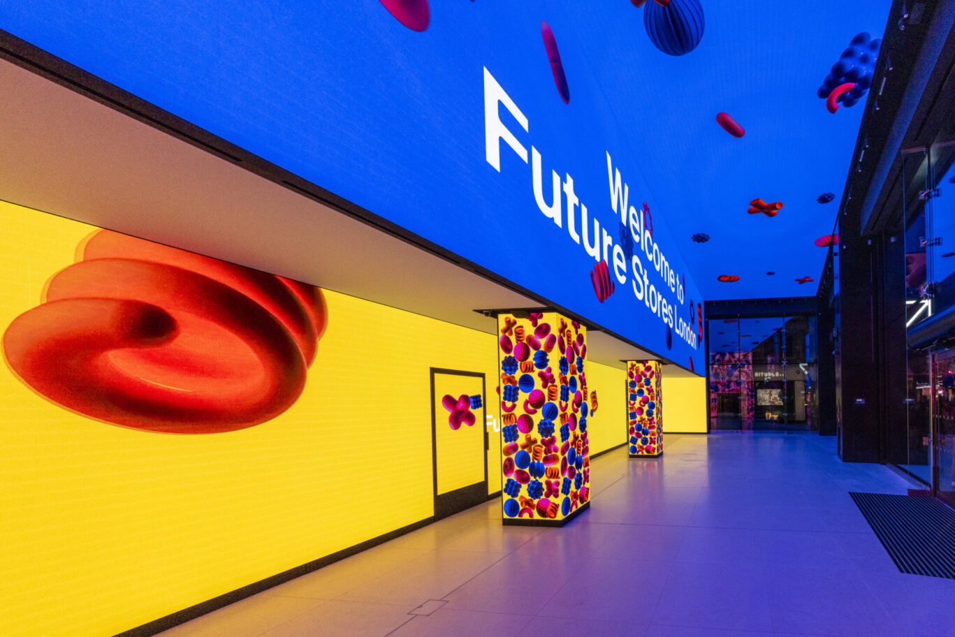 Colourful digital display installation at Future Stores, London