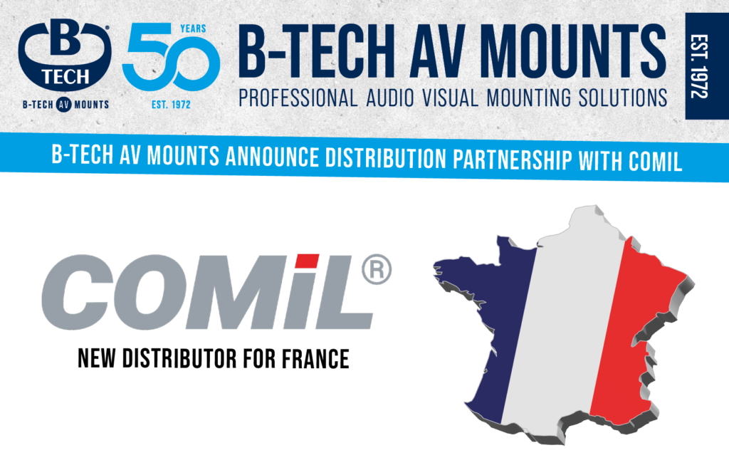 A banner showing that Comil has made a distribution partnership with B-Tech AV Mounts