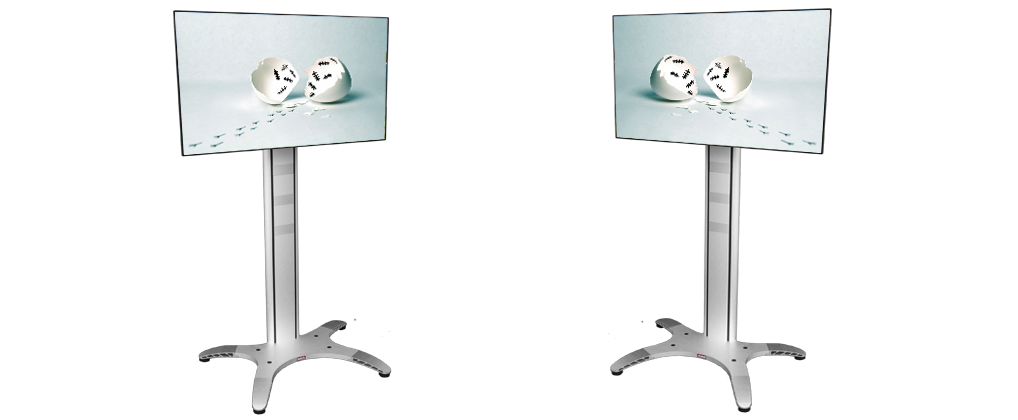 A 3D Render of Mode-AL freestanding displays in 3/4 views.