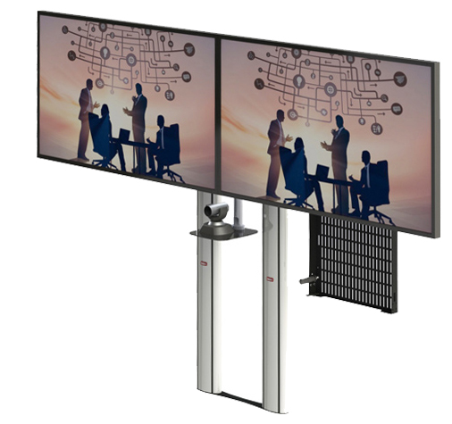 An Image of a Modal Bolt-Down Twin Column Floor Stand with Integrated AV Shelf and Swing down AV Tray