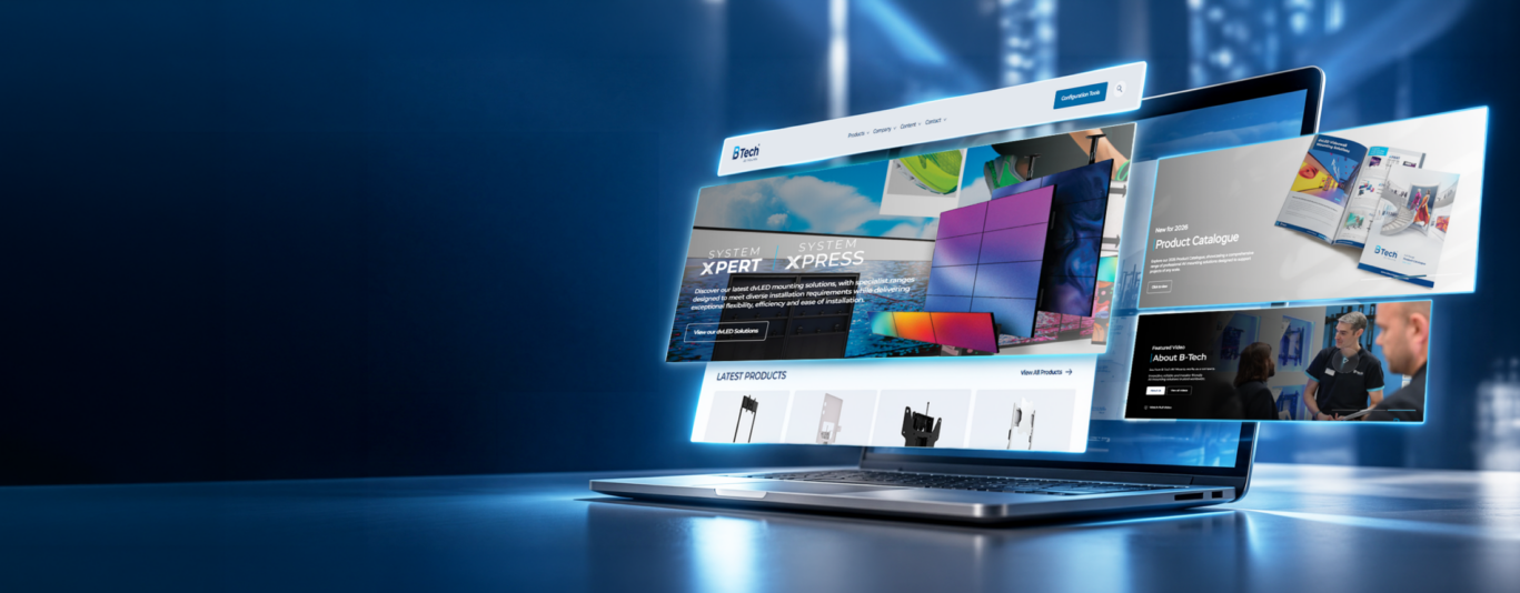 B-Tech AV Mounts new website launch banner featuring an exploded laptop with floating website pages.