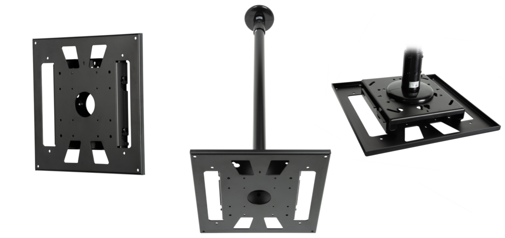 3 images of the BT7555. From left to right a 3/4 view of it mounted on angled wall, ceiling mounted viewed from below, Ceiling Mounted viewed from above.